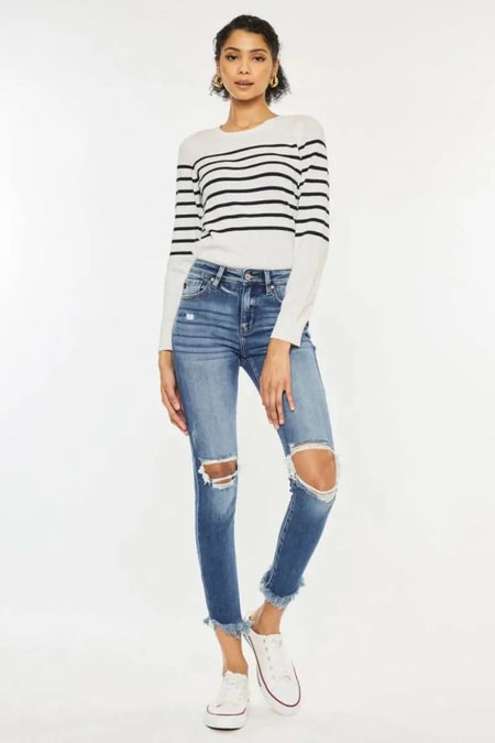 Kancan High Waist Distressed Raw Hem Ankle Skinny Jeans - Sleekdenim.com