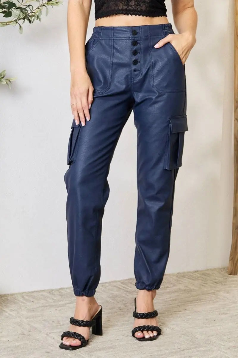 Kancan High Waist Faux Leather Cargo Joggers - Sleekdenim.com