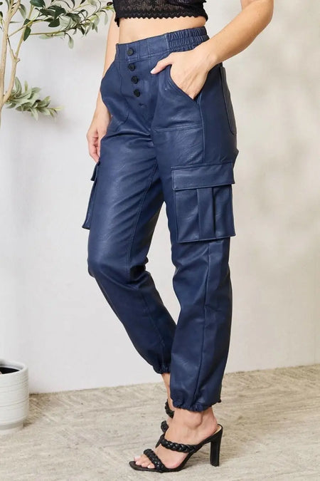 Kancan High Waist Faux Leather Cargo Joggers - Sleekdenim.com