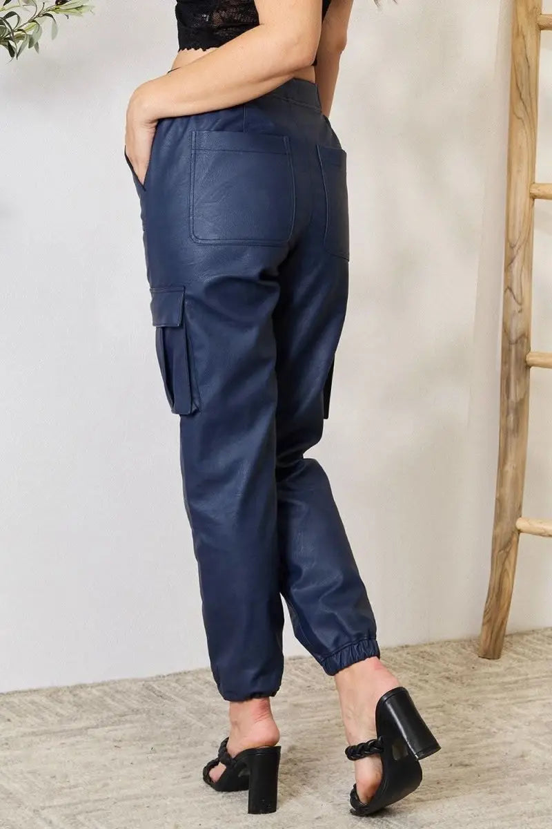 Kancan High Waist Faux Leather Cargo Joggers - Sleekdenim.com