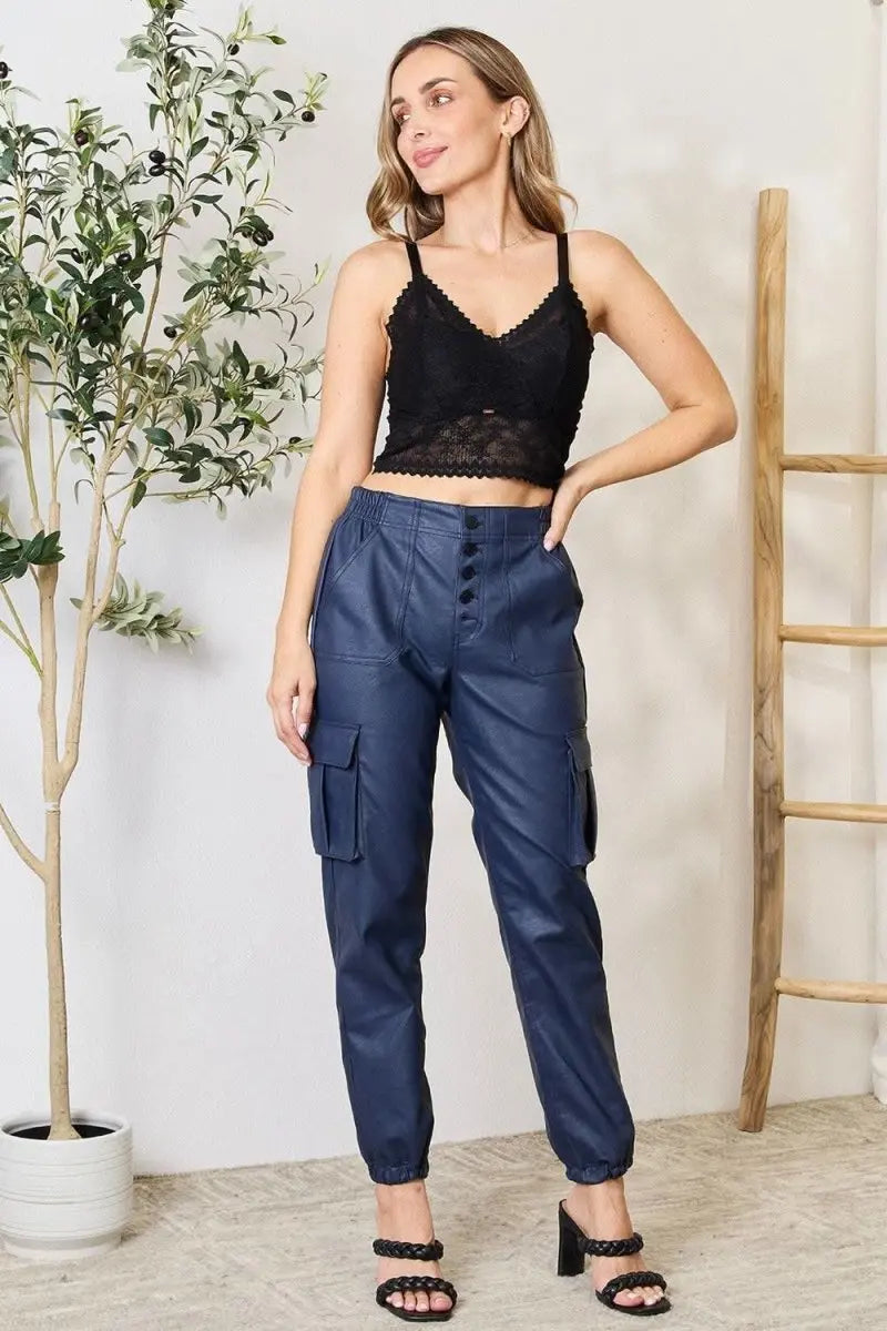 Kancan High Waist Faux Leather Cargo Joggers - Sleekdenim.com