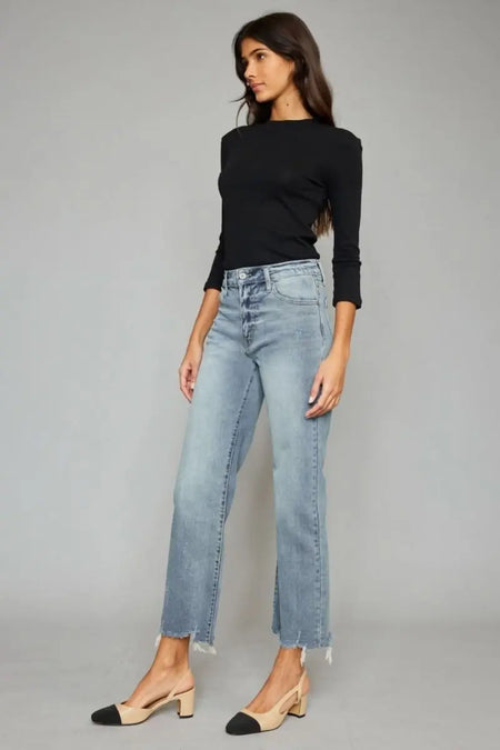 Kancan High Waist Raw Hem Cropped Wide Leg Jeans - Sleekdenim.com