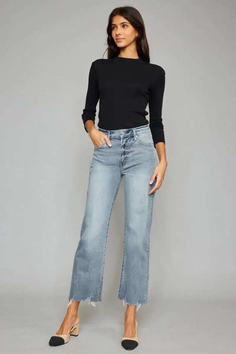 Kancan High Waist Raw Hem Cropped Wide Leg Jeans - Sleekdenim.com