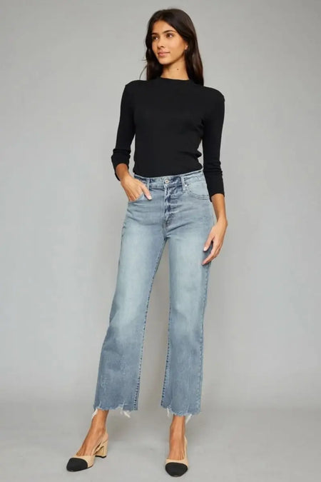 Kancan High Waist Raw Hem Cropped Wide Leg Jeans - Sleekdenim.com