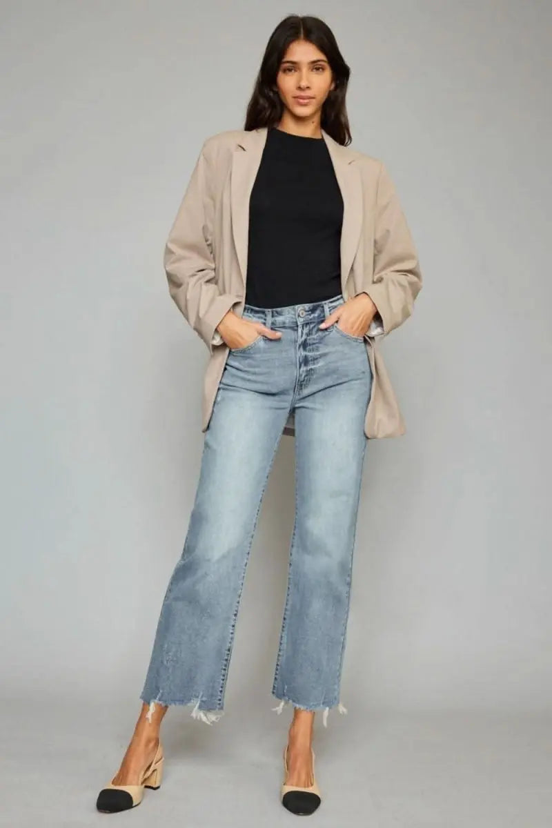 Kancan High Waist Raw Hem Cropped Wide Leg Jeans - Sleekdenim.com