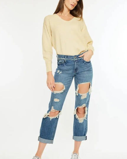 Kancan Distressed Mid Rise True Boyfriend Jeans - Sleekdenim.com