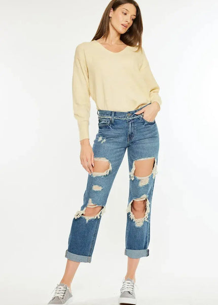 Kancan Distressed Mid Rise True Boyfriend Jeans - Sleekdenim.com