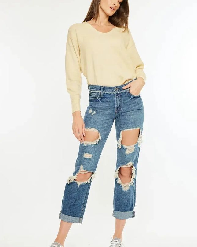 Kancan Distressed Mid Rise True Boyfriend Jeans - Sleekdenim.com