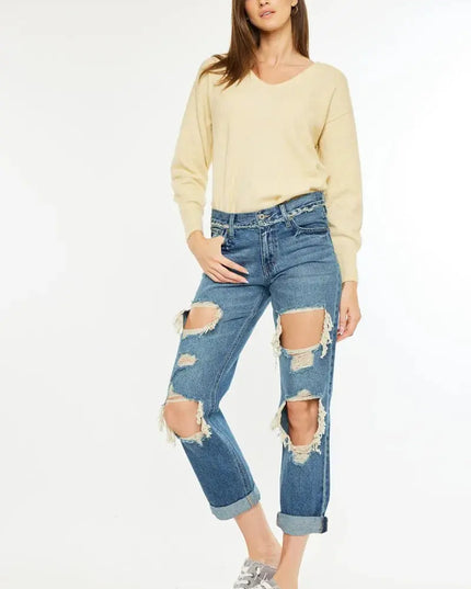 Kancan Distressed Mid Rise True Boyfriend Jeans - Sleekdenim.com