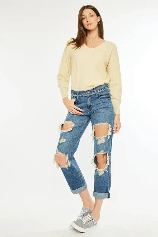 Kancan Mid Rise Boyfriend Jeans KC70010M - Sleekdenim.com