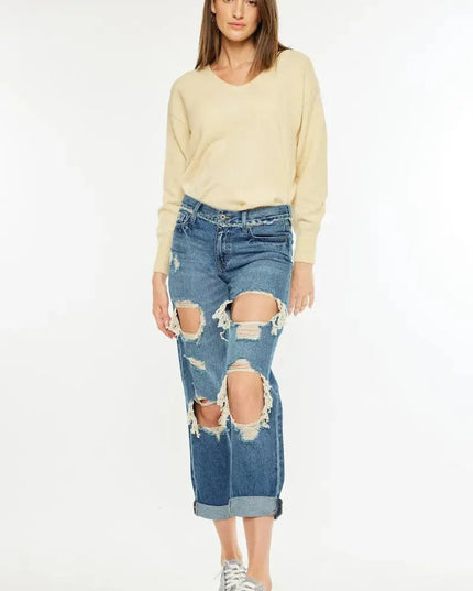Kancan Distressed Mid Rise True Boyfriend Jeans - Sleekdenim.com