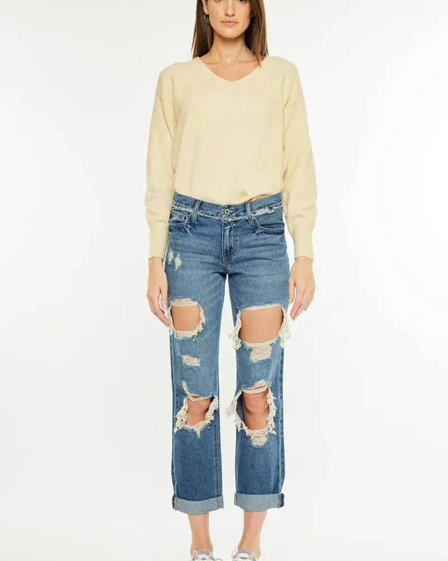 Kancan Distressed Mid Rise True Boyfriend Jeans - Sleekdenim.com