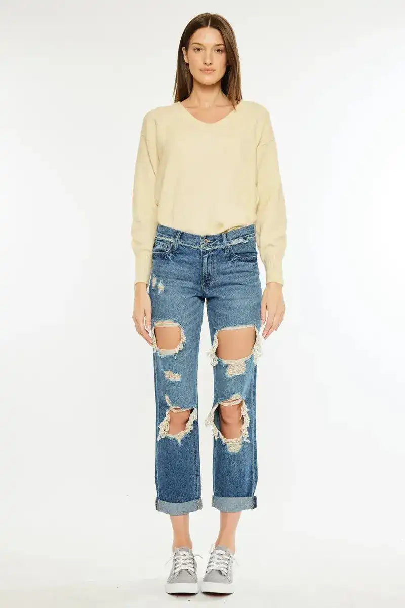 Kancan Mid Rise Boyfriend Jeans KC70010M - Sleekdenim.com