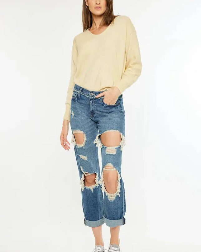 Kancan Distressed Mid Rise True Boyfriend Jeans - Sleekdenim.com