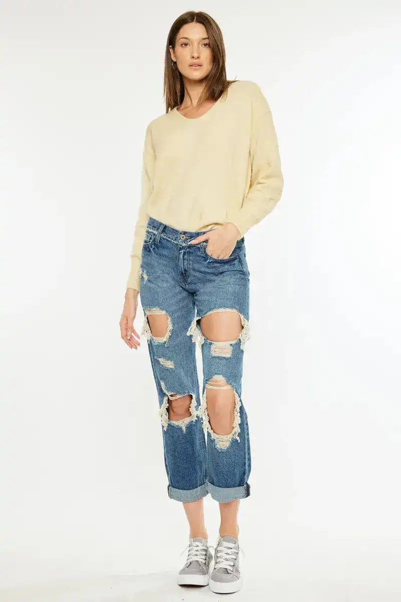 Kancan Mid Rise Boyfriend Jeans KC70010M - Sleekdenim.com