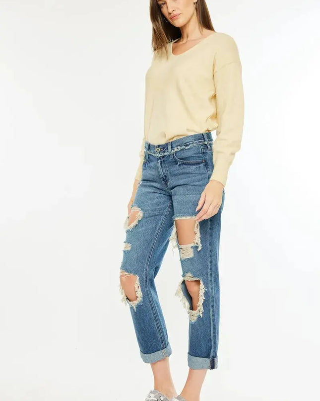 Kancan Distressed Mid Rise True Boyfriend Jeans - Sleekdenim.com