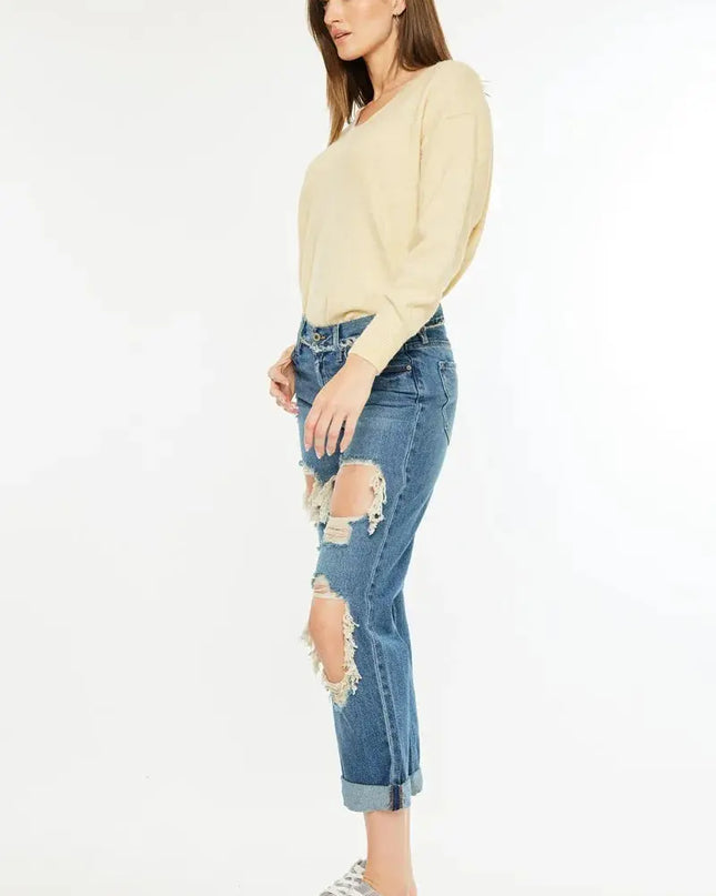 Kancan Distressed Mid Rise True Boyfriend Jeans - Sleekdenim.com