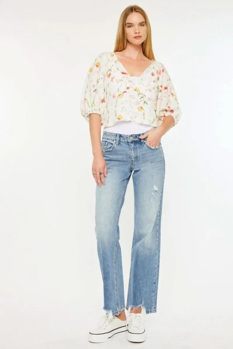 Kancan Mid Rise Frayed Hem Straight Jeans - Sleekdenim.com