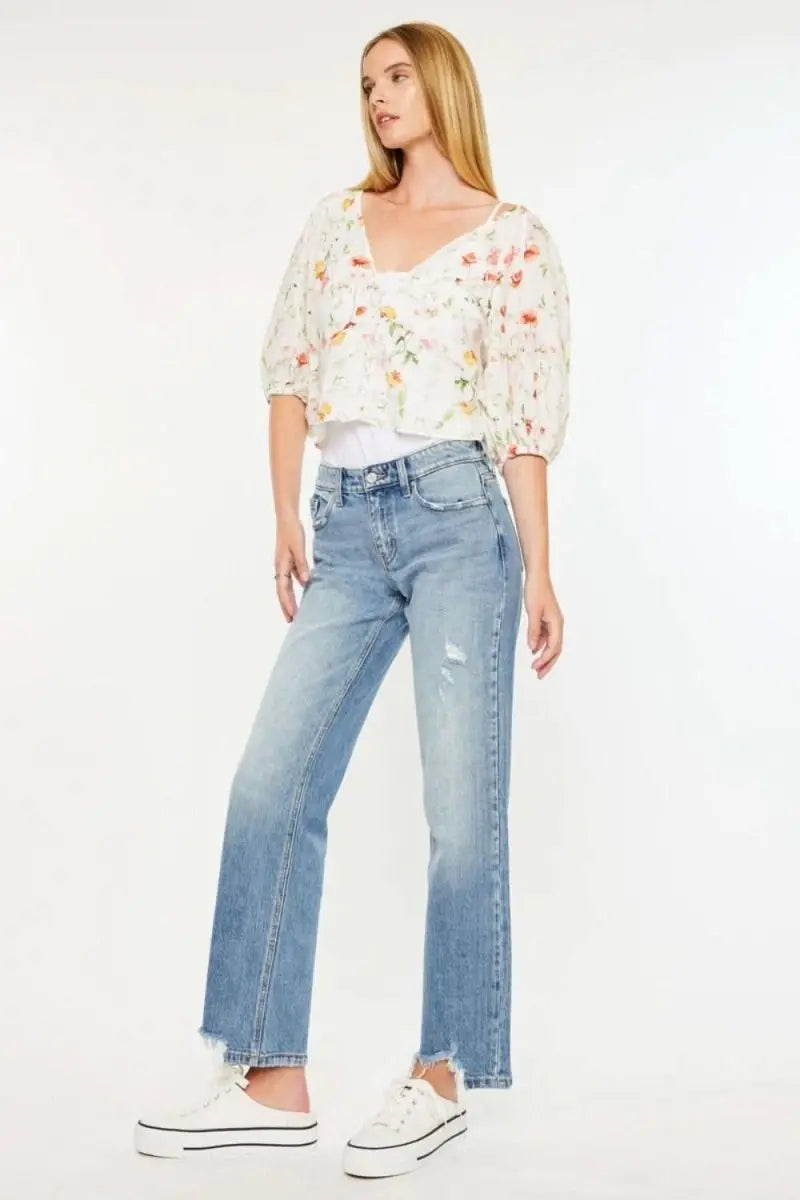 Kancan Mid Rise Frayed Hem Straight Jeans - Sleekdenim.com