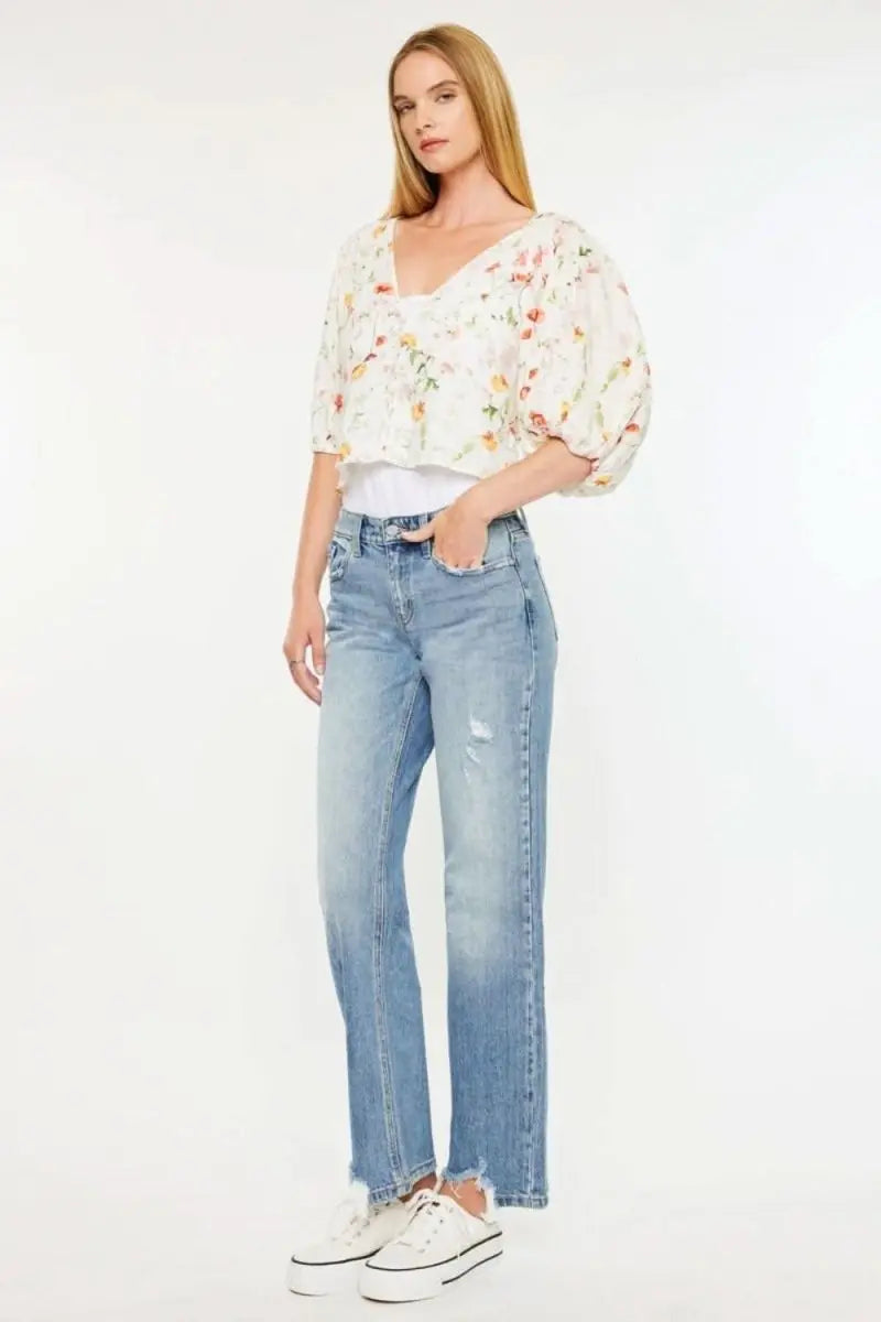 Kancan Mid Rise Frayed Hem Straight Jeans - Sleekdenim.com