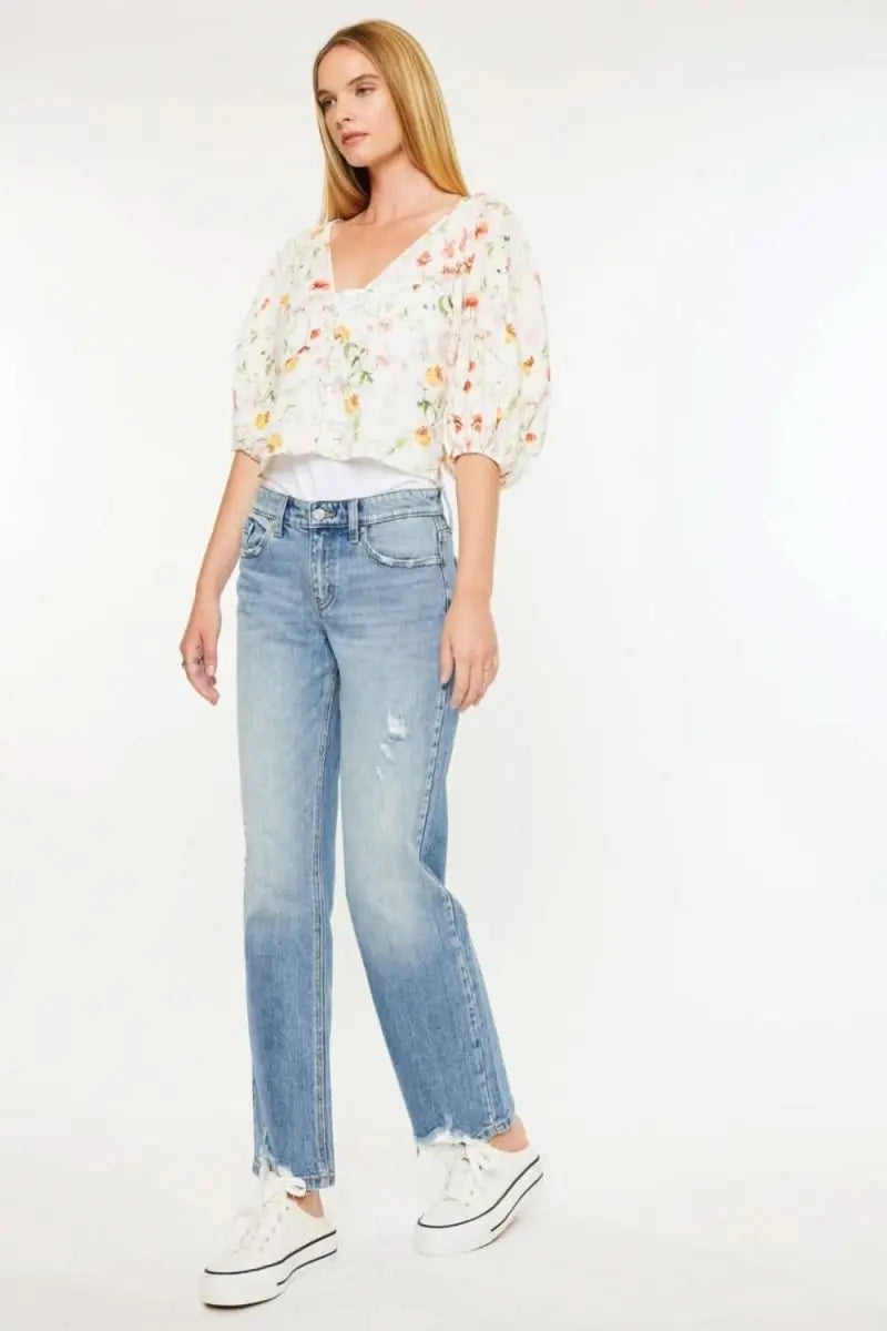 Kancan Mid Rise Frayed Hem Straight Jeans - Sleekdenim.com