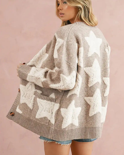 Khaki Star Pattern Pockets Button Front Cardigan - Sleekdenim.com