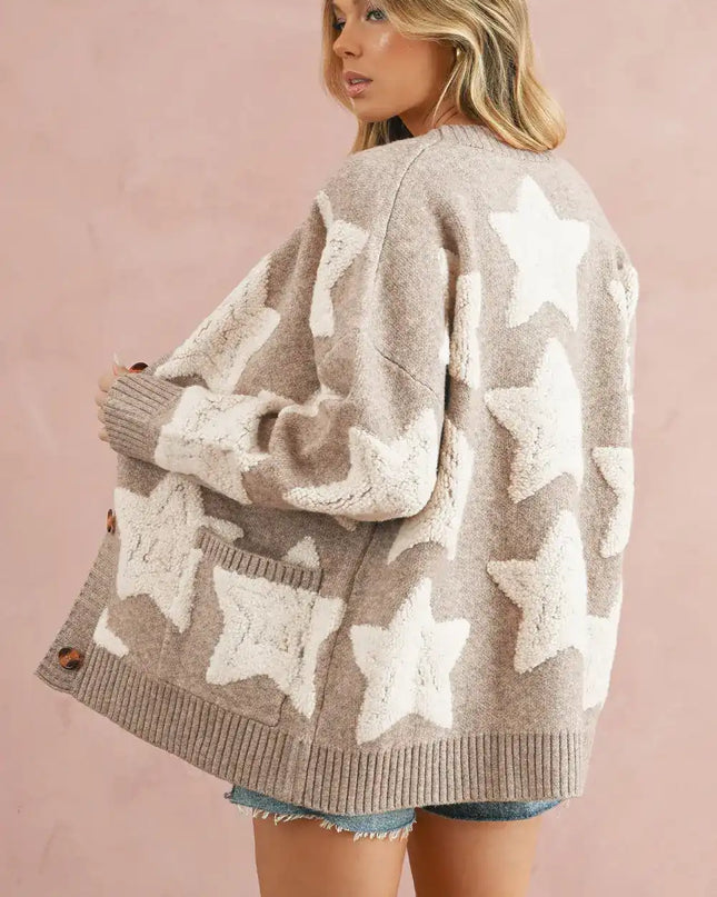Khaki Star Pattern Pockets Button Front Cardigan - Sleekdenim.com