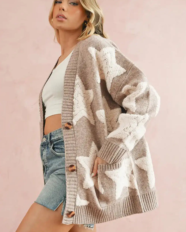 Khaki Star Pattern Pockets Button Front Cardigan - Sleekdenim.com