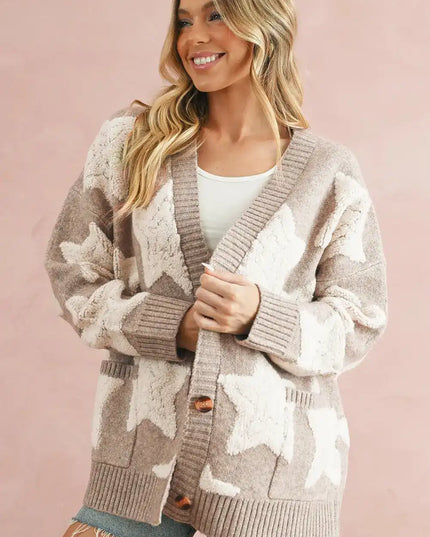 Khaki Star Pattern Pockets Button Front Cardigan - Sleekdenim.com