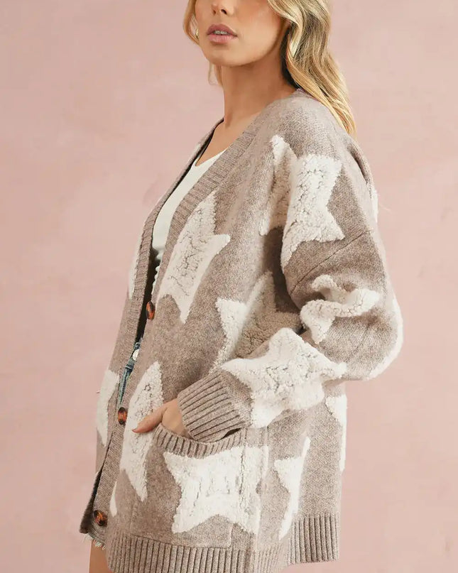 Khaki Star Pattern Pockets Button Front Cardigan - Sleekdenim.com