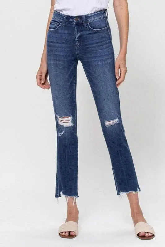 Mid Rise Crop Slim Straight Medium Jeans - Sleekdenim.com