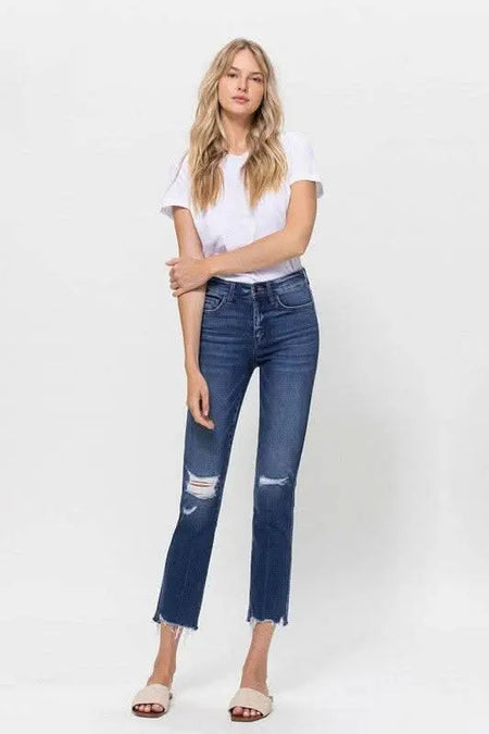 Mid Rise Crop Slim Straight Medium Jeans - Sleekdenim.com