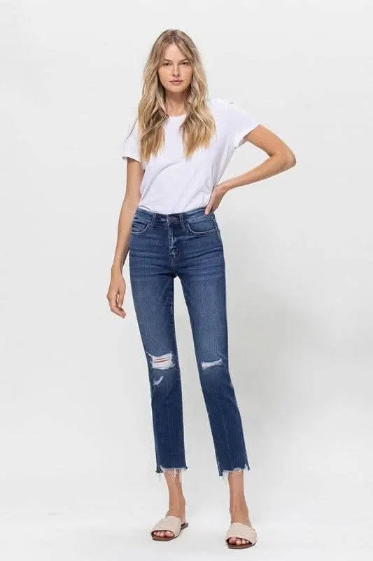 Mid Rise Crop Slim Straight Medium Jeans - Sleekdenim.com