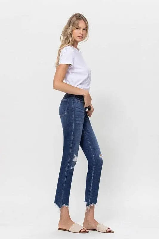 Mid Rise Crop Slim Straight Medium Jeans - Sleekdenim.com