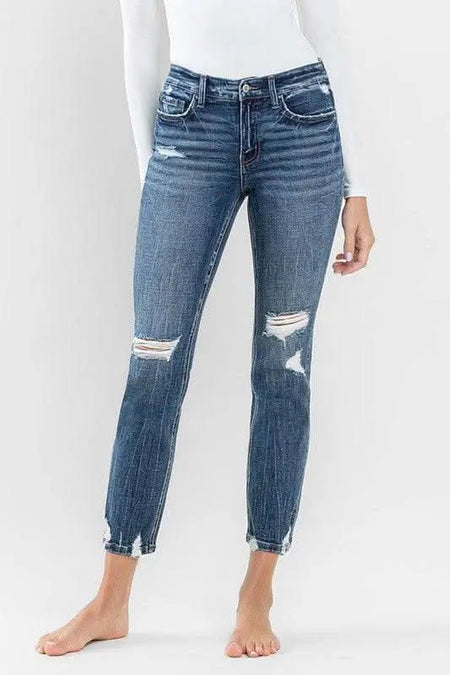 Mid Rise Distressed Crop Slim Straight Jeans - Sleekdenim.com