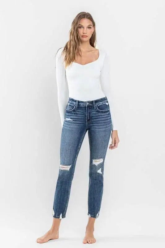 Mid Rise Distressed Crop Slim Straight Jeans - Sleekdenim.com