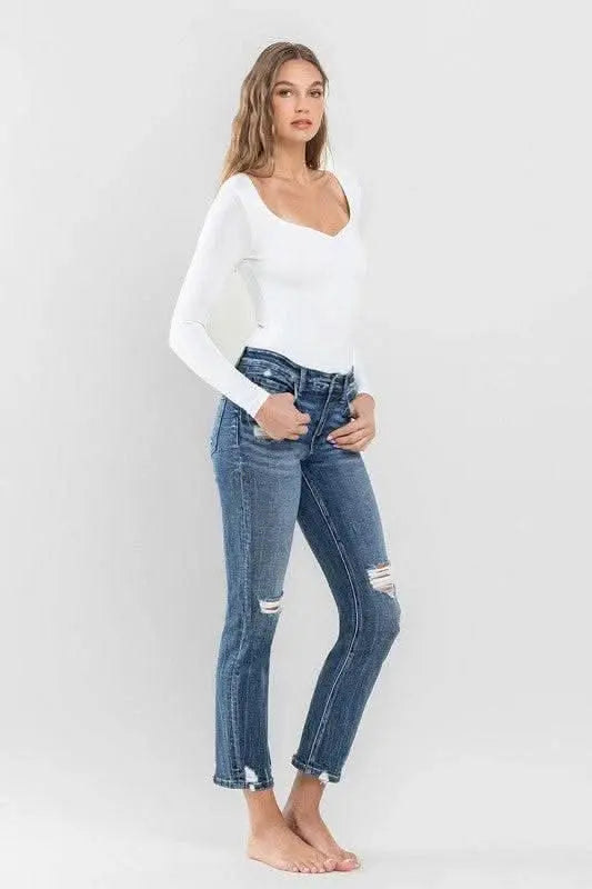 Mid Rise Distressed Crop Slim Straight Jeans - Sleekdenim.com