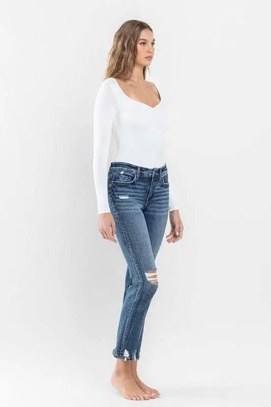 Mid Rise Distressed Crop Slim Straight Jeans - Sleekdenim.com