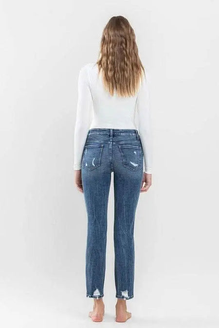 Mid Rise Distressed Crop Slim Straight Jeans - Sleekdenim.com