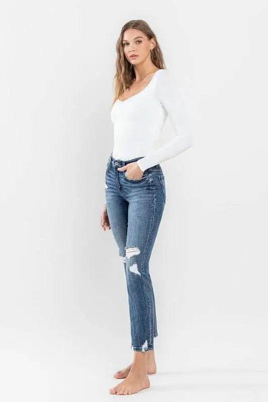 Mid Rise Distressed Crop Slim Straight Jeans - Sleekdenim.com