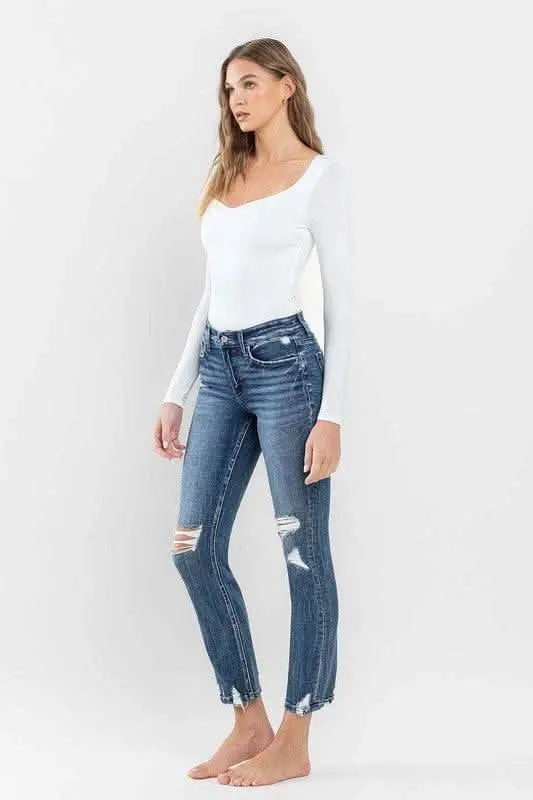 Mid Rise Distressed Crop Slim Straight Jeans - Sleekdenim.com