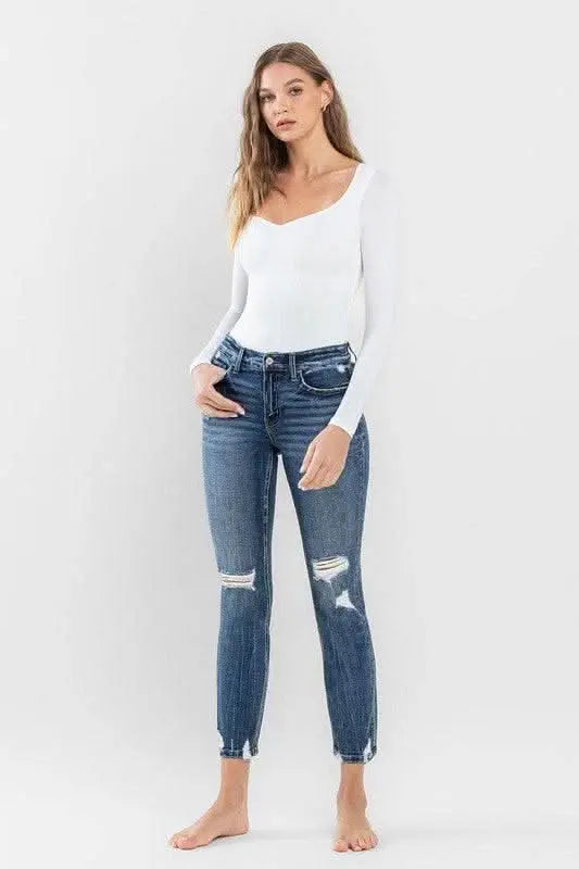 Mid Rise Distressed Crop Slim Straight Jeans - Sleekdenim.com