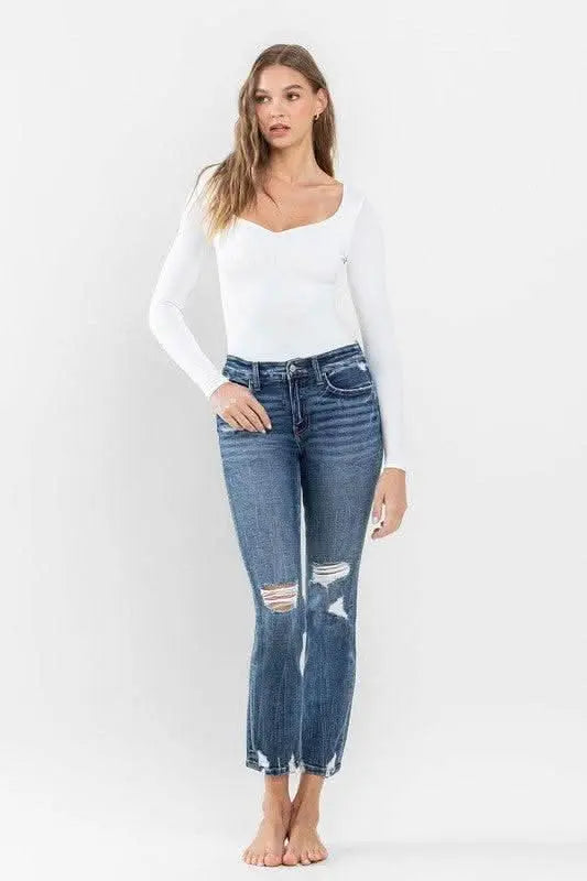 Mid Rise Distressed Crop Slim Straight Jeans - Sleekdenim.com