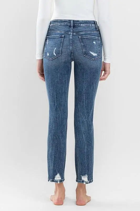 Mid Rise Distressed Crop Slim Straight Jeans - Sleekdenim.com