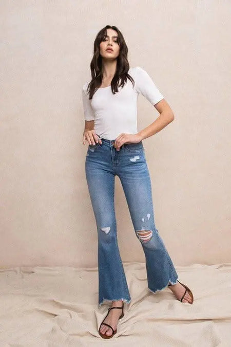 Mid - Rise Flare with Hem Detail - Sleekdenim.com