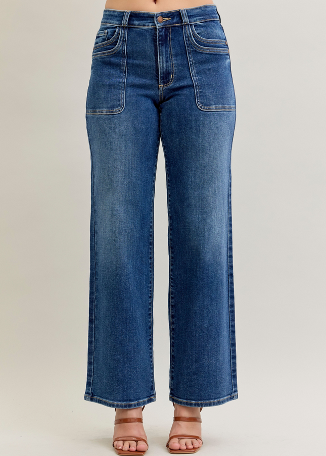 Judy Blue Mid Rise 90's Front Patch Double Pocket Straight Denim Jeans 82680 - Sleekdenim.com