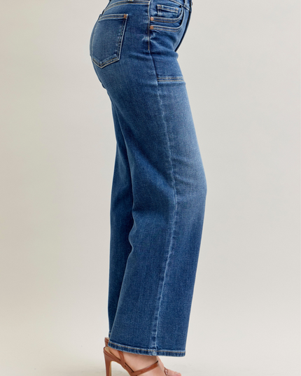 Judy Blue Mid Rise 90's Front Patch Double Pocket Straight Denim Jeans 82680 - Sleekdenim.com
