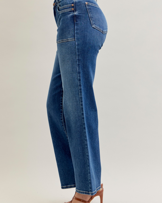Judy Blue Mid Rise 90's Front Patch Double Pocket Straight Denim Jeans 82680 - Sleekdenim.com