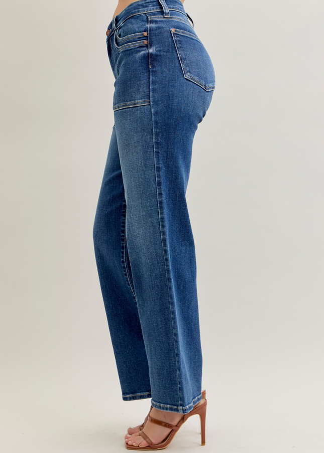 Judy Blue Mid Rise 90's Front Patch Double Pocket Straight Denim Jeans 82680 - Sleekdenim.com