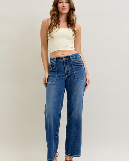 Judy Blue Mid Rise 90's Front Patch Double Pocket Straight Denim Jeans 82680 - Sleekdenim.com